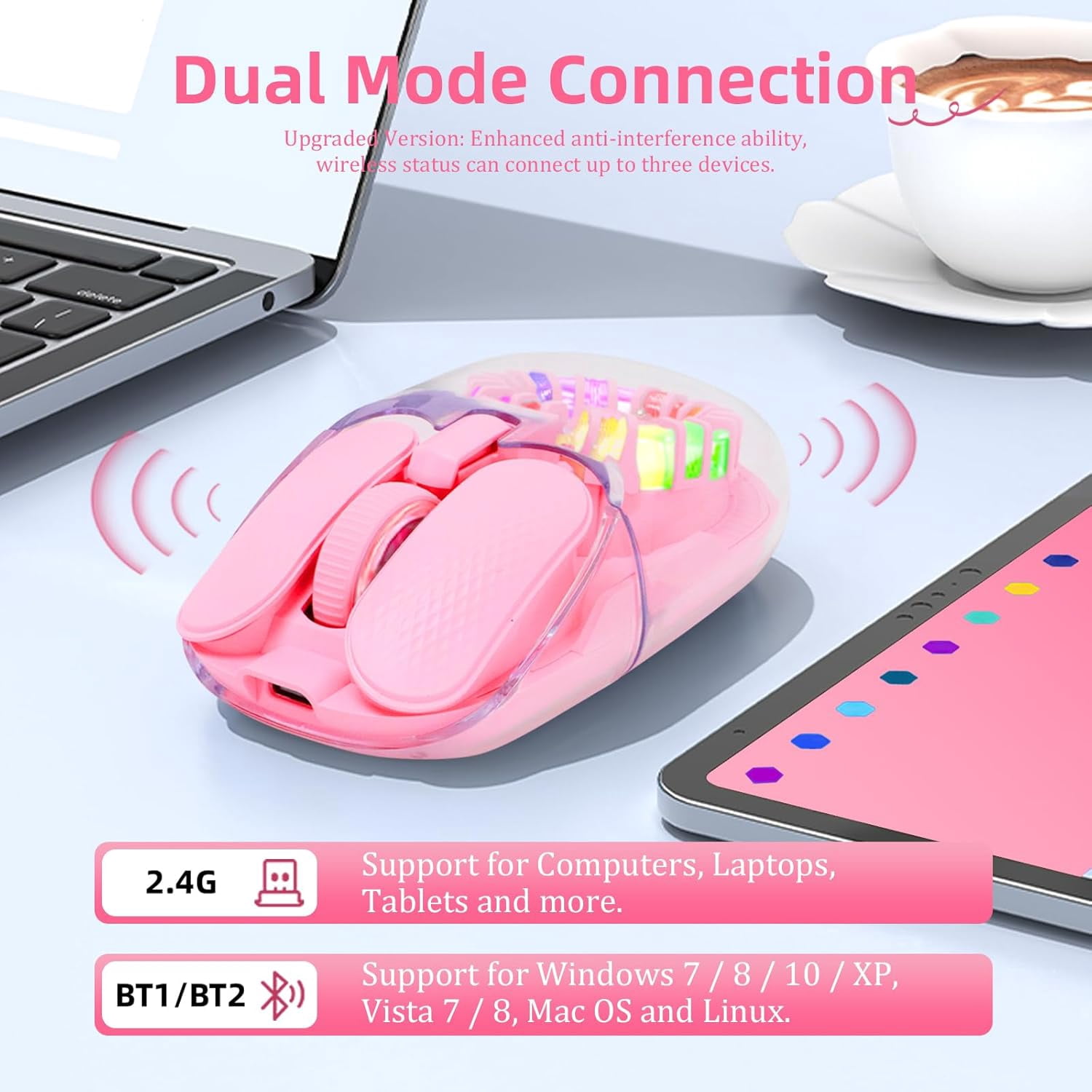 Wireless Bluetooth Mouse, Transparent BT 5.1+2.4G Dual-Mode Mouse with Magnetic Top Cover, RGB Backlit Rechargeable Computer Mouse for Laptop PC MacBook iPad
