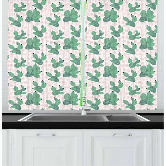 Ambesonne Cactus Kitchen Curtains, Tropical Succulent Art, 55"x39", Fern Green Black