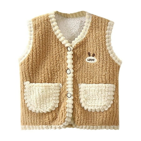 Lenpel Baby Boys Girls Fleece Vest Cute V Neck Button Soft Warm down Sleeveless Jacket Fall Winter Waistcoat 9 M-5 Y