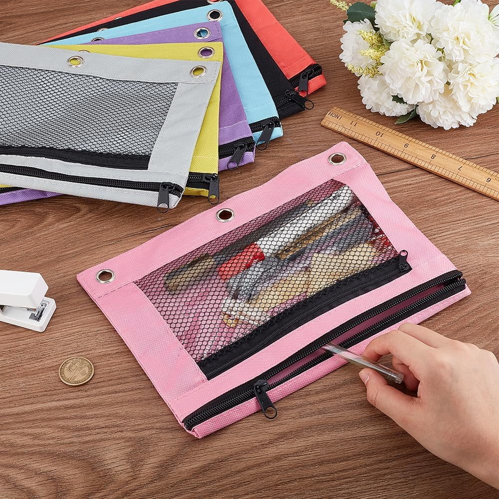 7 Colors Pencil Pouches Zippered for 3 Ring Binder with Smooth Zippers Dual-Pockets Mesh Window Pencil Case Cosmetic Bag Organizer for Storing Classroom Office Home Stationery Supplies