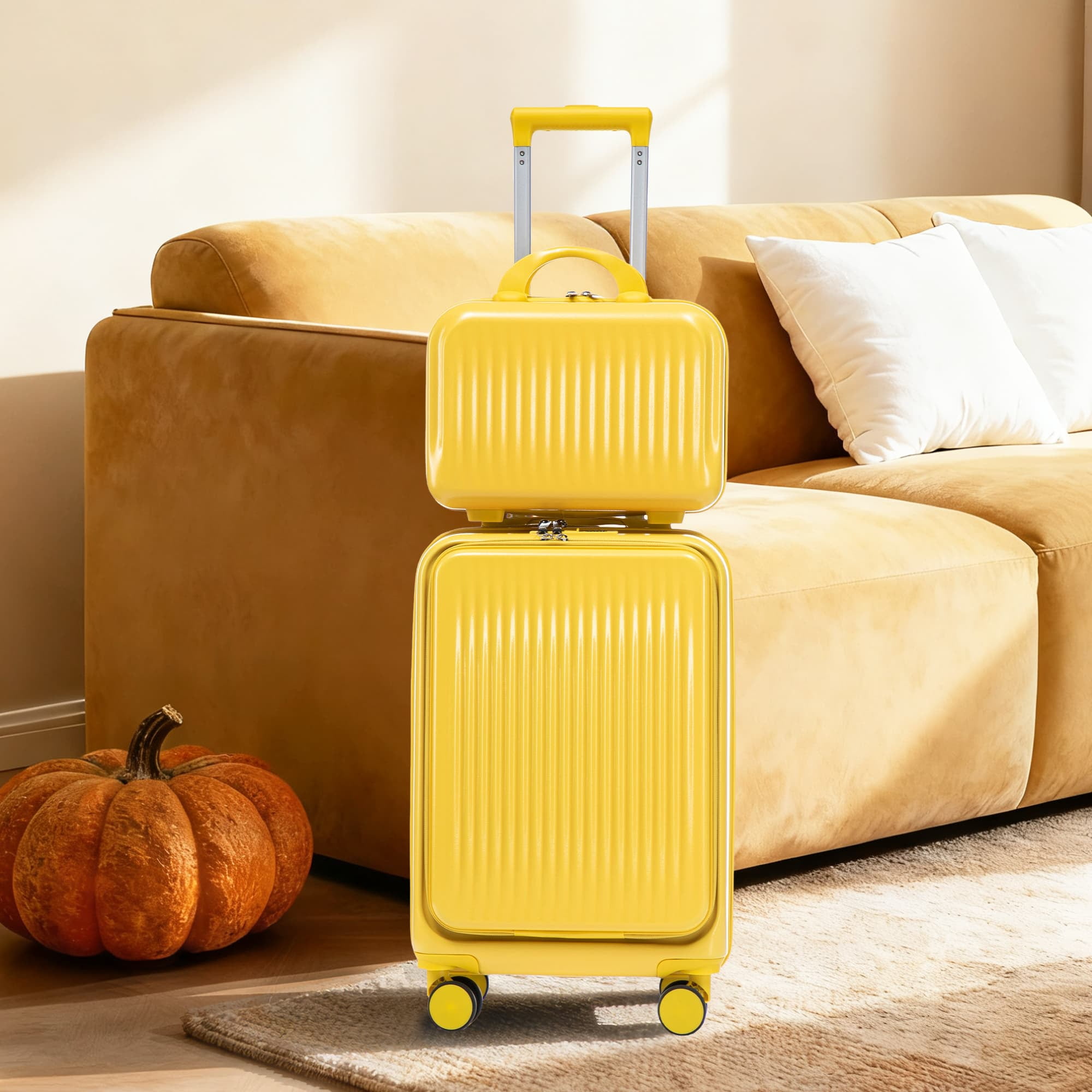 Leumius 2 Piece in ABS Spinner WheelLuggage Sets, HardsideSuitcase with CombinationLock,20 inch Carry OnLuggage 14 inch CosmeticCase,Yellow