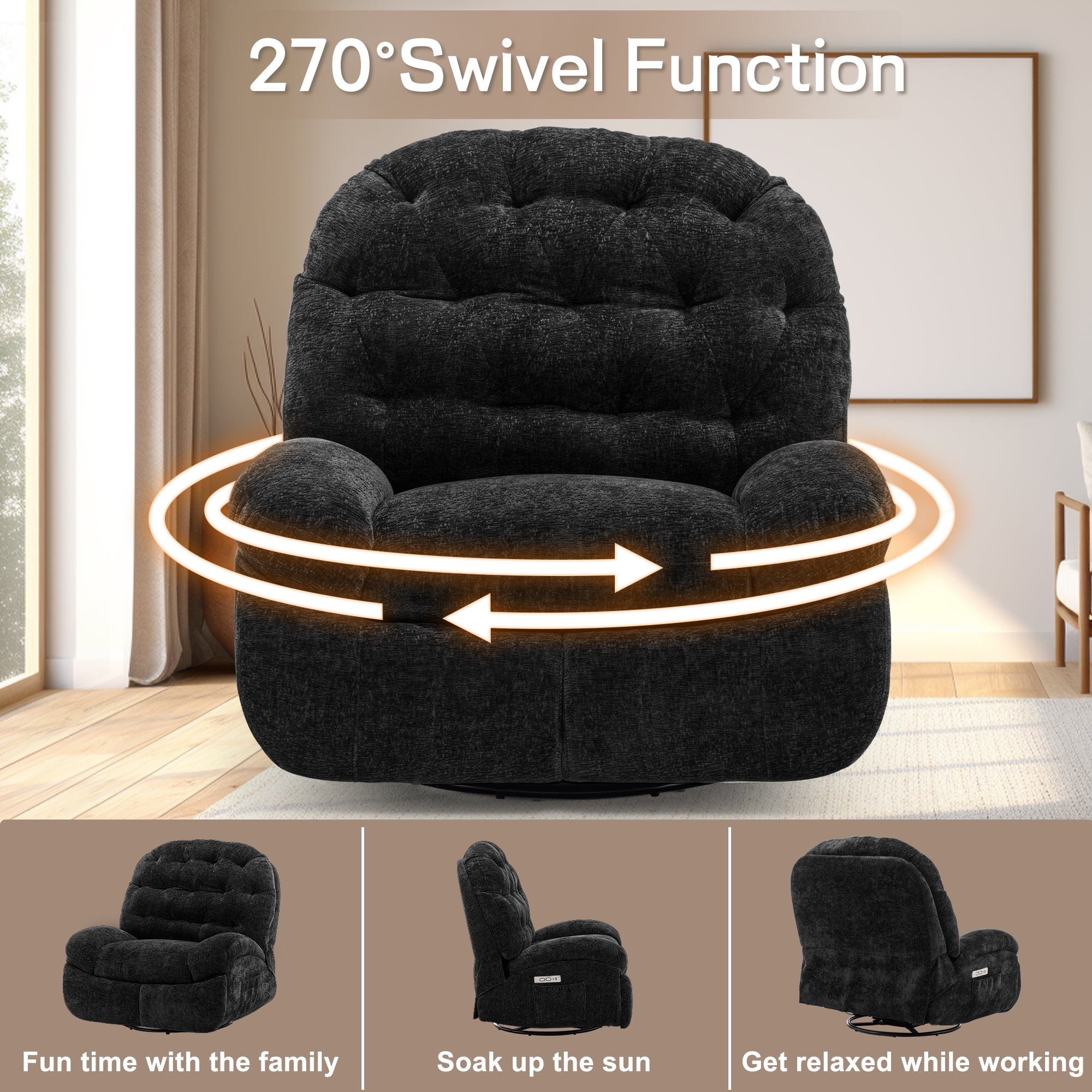 Korser Power Swivel Rocker Recliner Chair with USB Ports Chenille for Living Room,Black