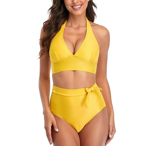 Jjayotai No Boundaries Women's High Waisted Bikini Swimsuits, Twist Front Tie Back Swimwear with Bow, Womens Bathing Suits 2 Piece Yellow~ L