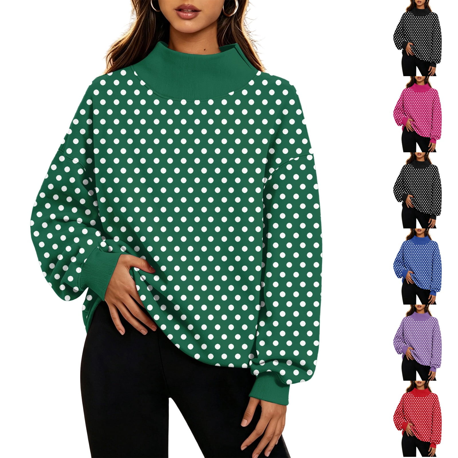 Dwellite Womens Oversized Sweatshirts Turtleneck Pullover Long Sleeve Polka Dot Tops Fall Fashion Army Green -AS19 L