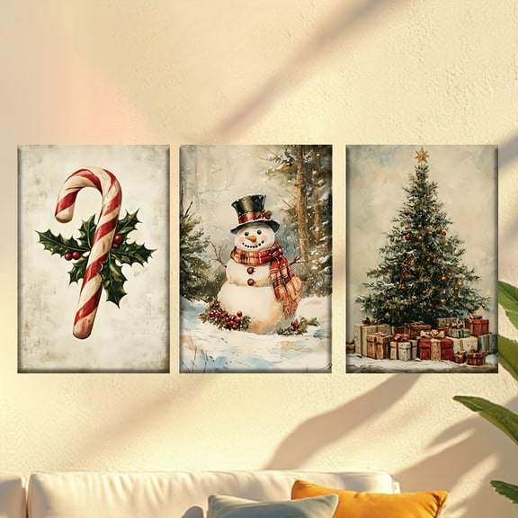 3pcs/Set, Canvas Painting--Unframed, Candy Canes, Snowmen, Christmas Presents, Posters And Prints, Living Room, Office, Library, Bar, Cafe, Abstract Art, Perfect Birthday, Holiday Gift, Easter Egg,