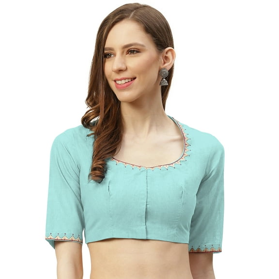 eloria Women's Art Silk Blouse Embroidery Designs Short Sleeve Top Sari Accessories Color: Blue | Size: 44