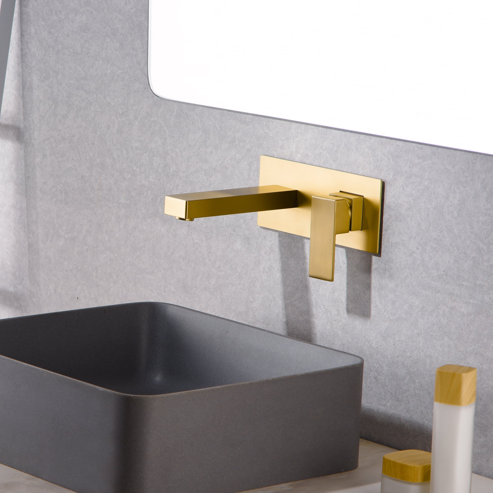 Single Handle Brushed Gold Wall Mount Bathroom Faucet Includes Brass Valve