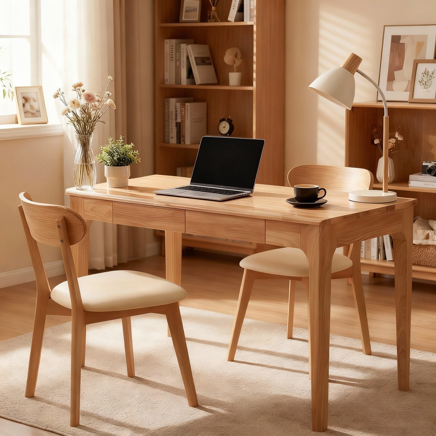 Solid Wood Desk with Drawers 47" Mid Century Modern Writing Desk Home Office Study Table for Bedroom Living Room, Wood