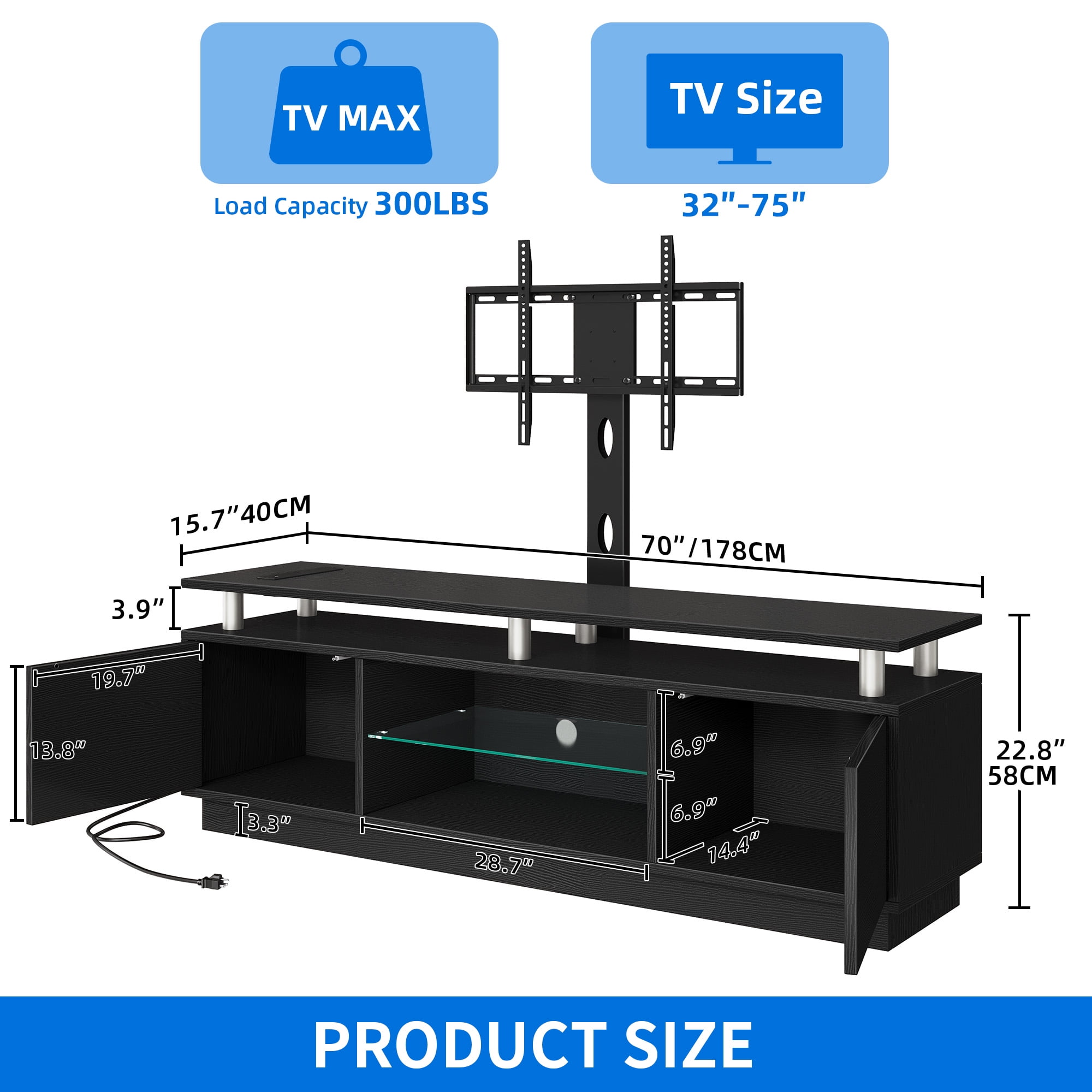 Uforic LED TV Stand with Mount & Power Outlet, Height Adjustable TV Mount for 75/65/60 inch TVs, Black