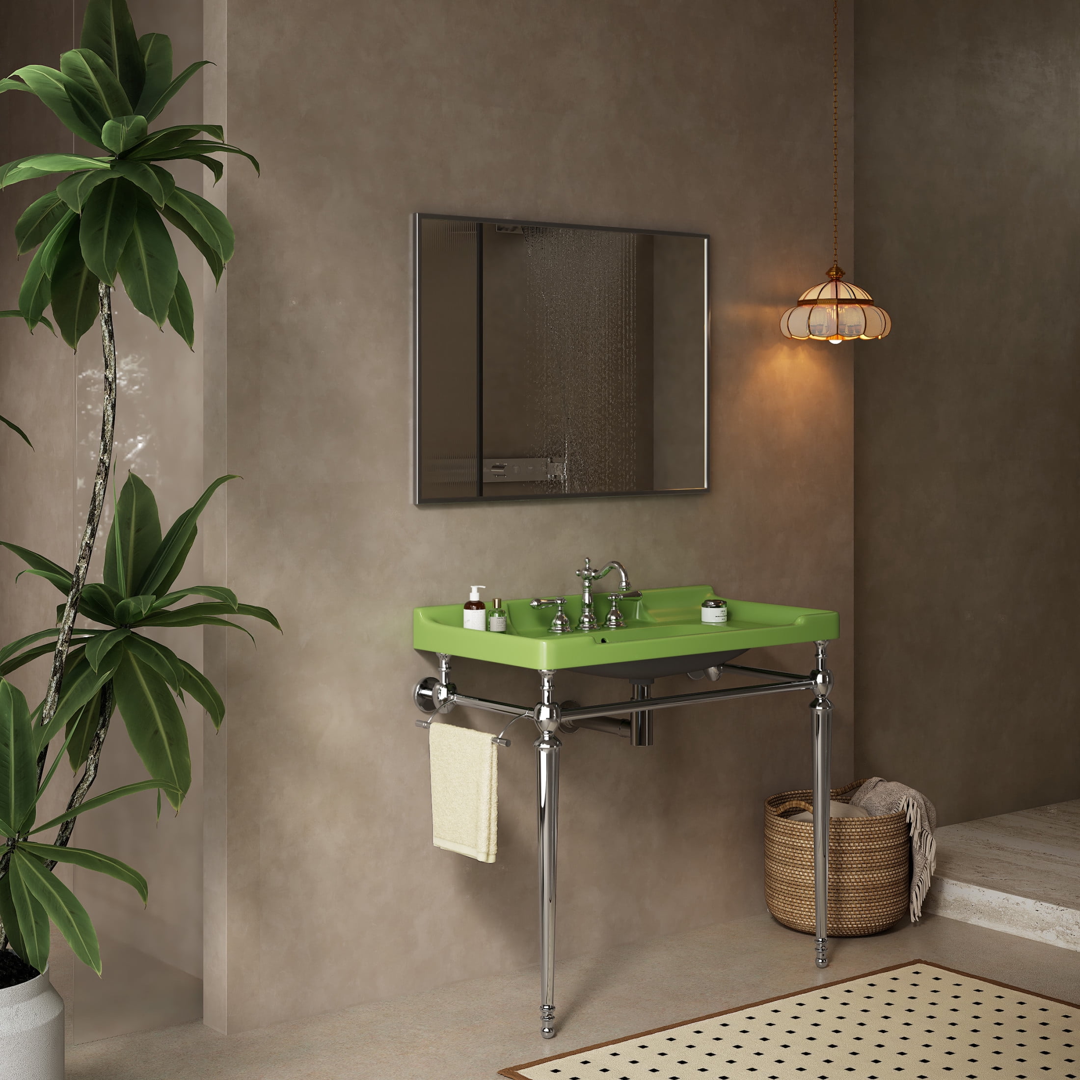Noble House VICI 36" Bathroom Console Sink, Wall-Mounted Ceramic Basin Vanity with Stainless Steel Legs, Green & Chrome