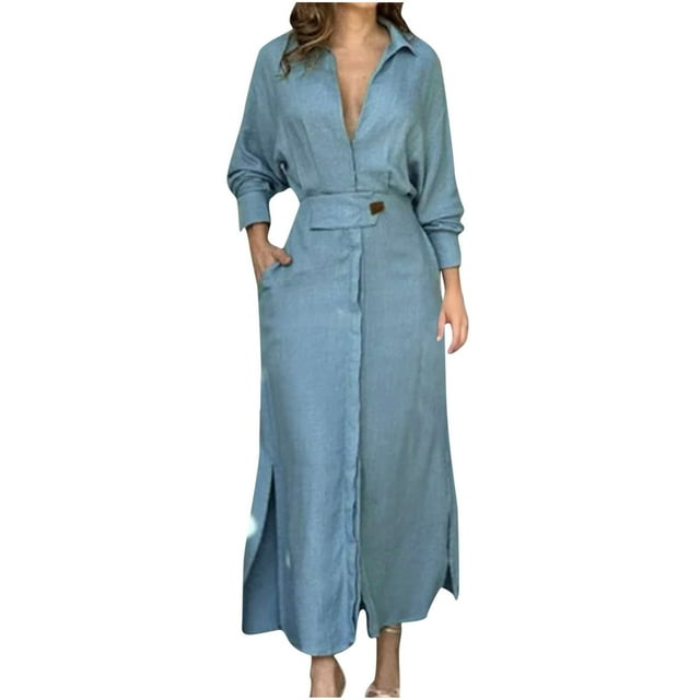 AherBiu Robe de Bureau Décontractée pour Femmes à Manches Longues, Col à Revers, Col en V, Froncée, Ligne A, Grande, avec Poches