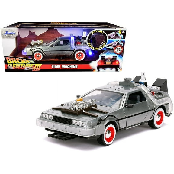DeLorean Brushed Metal Time Machine with Lights "Back to the Future Part III" (1990) Movie "Hollywood Rides" Series 1/24 Diecast Model Car by Jada