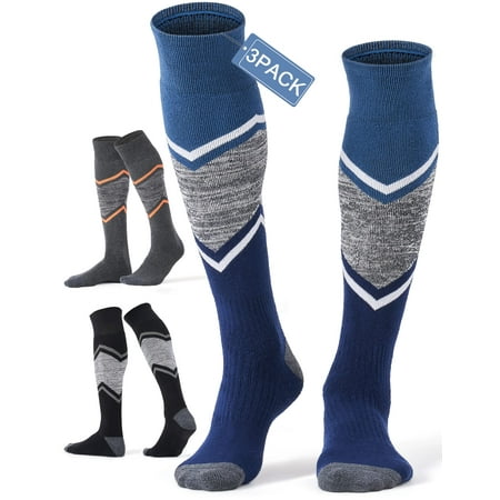 

Fitrell 3 Pack Men s Ski Socks Full Cushioned Winter Wool Thermal Knee High Warm Socks for Skiing Snowboarding Black+Orange+Blue X-Large