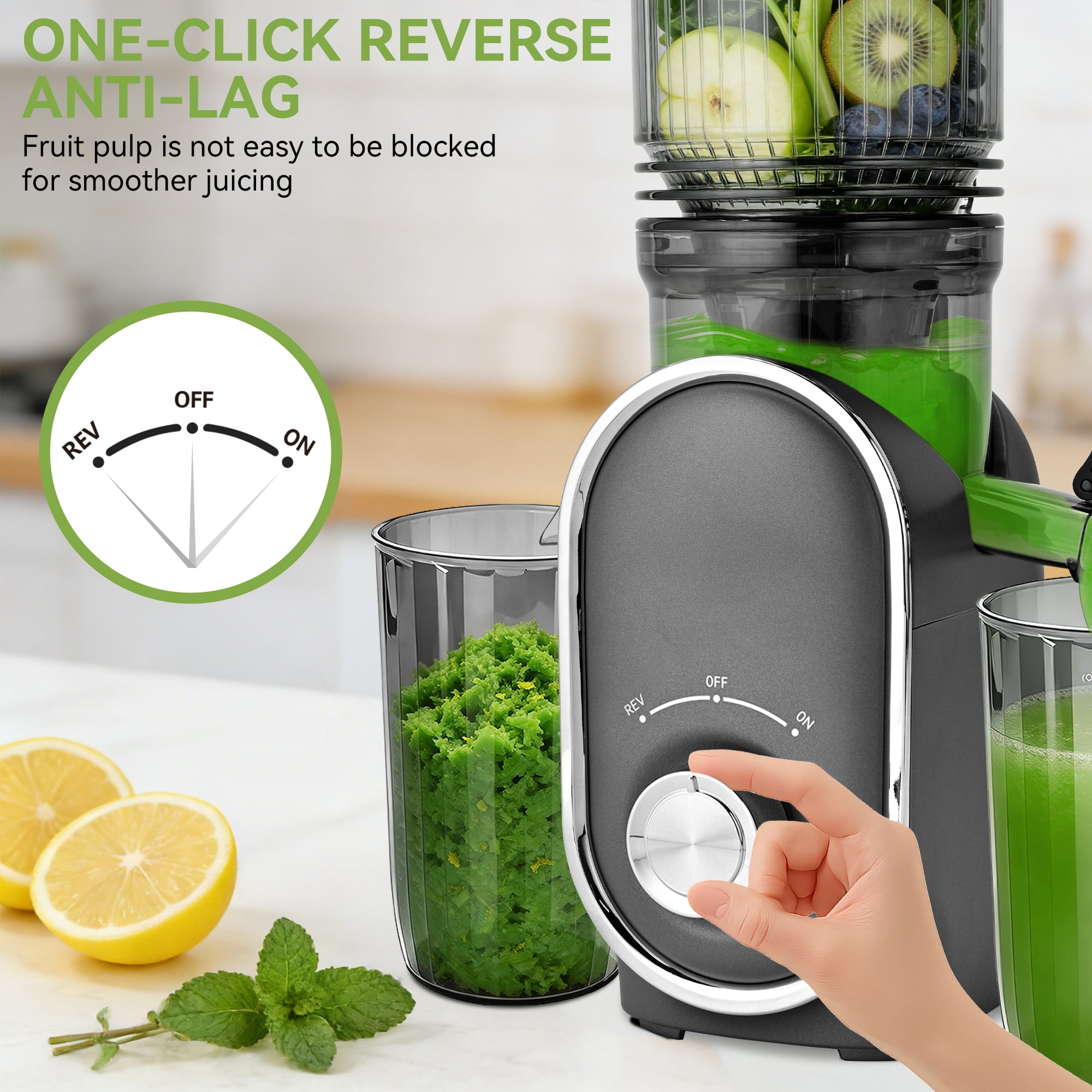 Pukomc Slow Juicer - 300W Cold Press Juicer with 5.3" Wide Chute, One-Touch Operation & Auto Stop, High Juice Yield, Easy Clean, Includes Juice & Pulp Cups(Silver Gray)