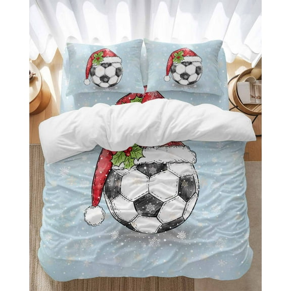 Funny Christmas Bedding Duvet Cover Set Twin Size 4 Pieces Hat Football Snowflake Pattern Bedding Set with Zipper Closure, 1 Comforter Cover 68x86 Inches 1 Flat Sheet & 2 Pillow Cases
