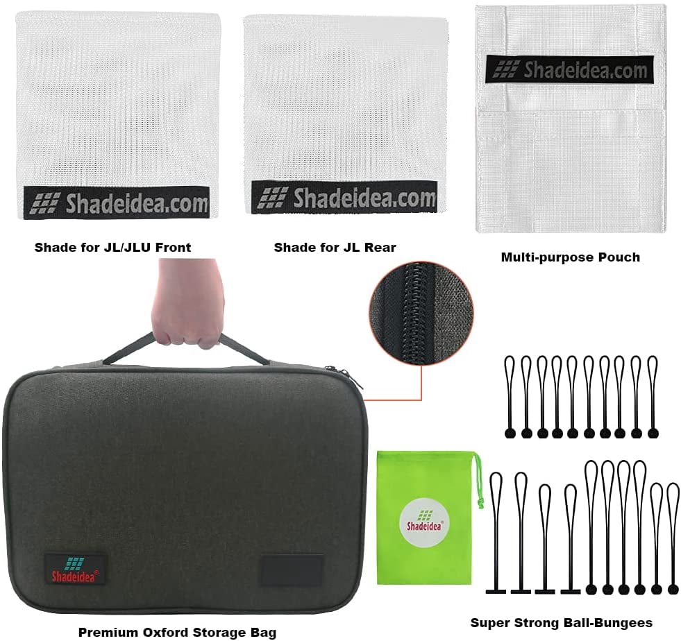 Shadeidea JL Sun Shade for Jeep Wrangler 2 Door Top Sunshade ( 2018 - Current ), Front & Rear - White Mesh Screen Wrangler Cover, UV Blocker with Grab Bag Pouch - 10 Years Warranty