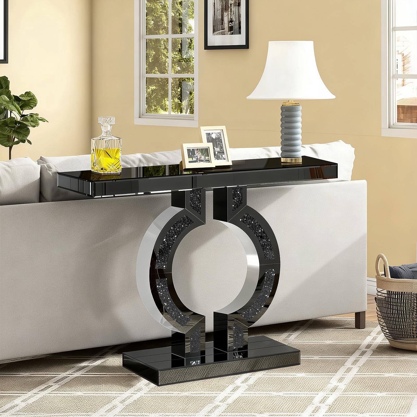 Black Mirrored Console Table with Crushed Diamond Inlay, 39.4'' Long Entryway Sofa Table, O-Shaped Base Modern Accent Narrow Table for Living Room, Hallway, Foyer, Entrance