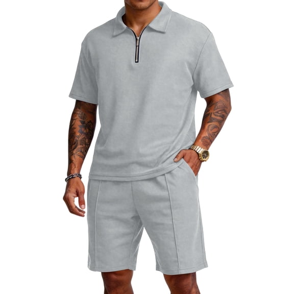 Fabrcox Waffle Men Sets Outfits 2 Piece Quarter Zip Short Sleeve Shirt and Shorts Sets Summer Vacation Athletic Mens Track Suits Gray M