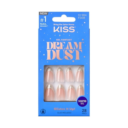KISS Gel Fantasy Dreamdust Dreamdust, Press On Nails, Sugar Rush, Silver, Medium Almond, 28 Count