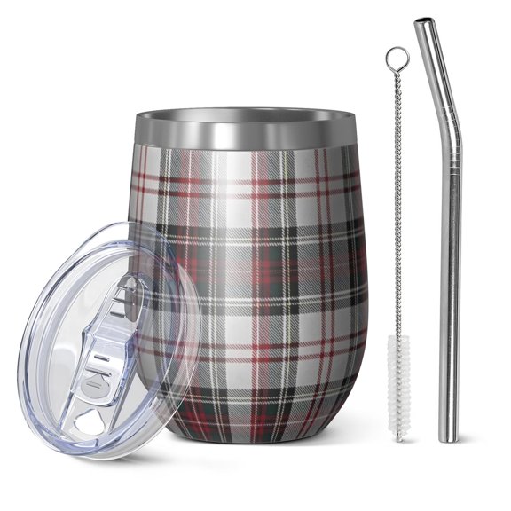 12oz Stemless Wine Tumblers Gray Red Plaid Checkered Pattern Vacuum Insulated Stainless Steel Travel Tumbler Cups Mug with Lid and Straw for Champaign,Cocktail,Beer with Cleaning Brush