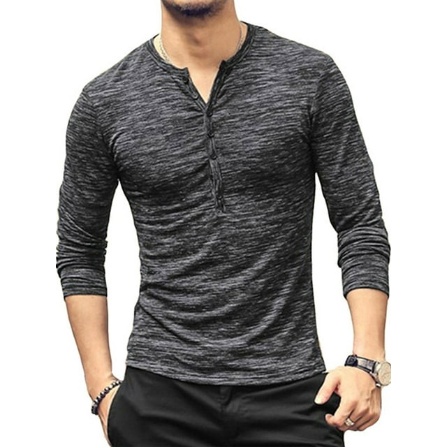 Haut Homme Col Rond Bouton Blouse Manches Longues Col Rond Décontracté Ajusté T-Shirt, Noir, TG