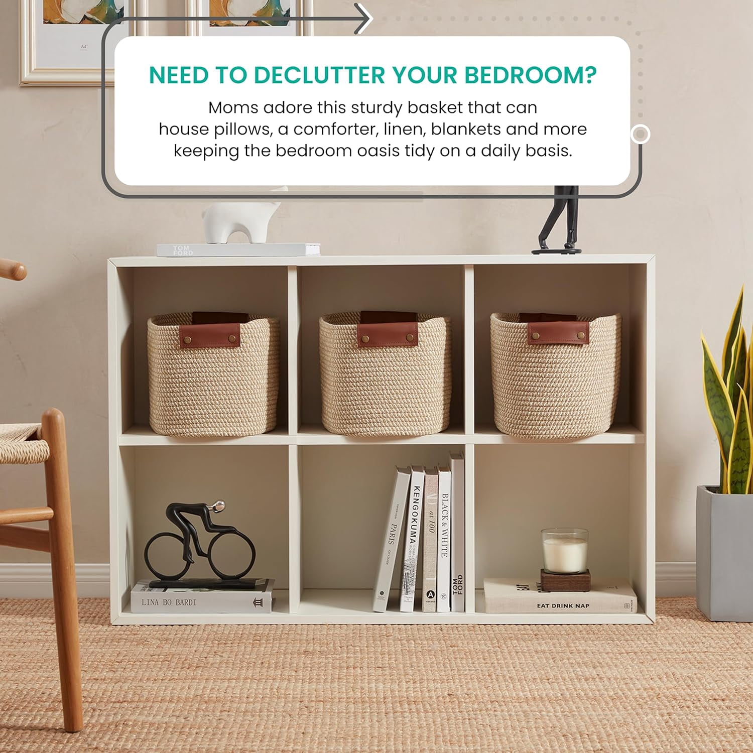 3 Pack Woven Cotton Rope Shelf Storage Basket with Leather Handles, Baby Nursery Storage Bin Organizers, Closet Shelf Storage - 15 x 10 x 9