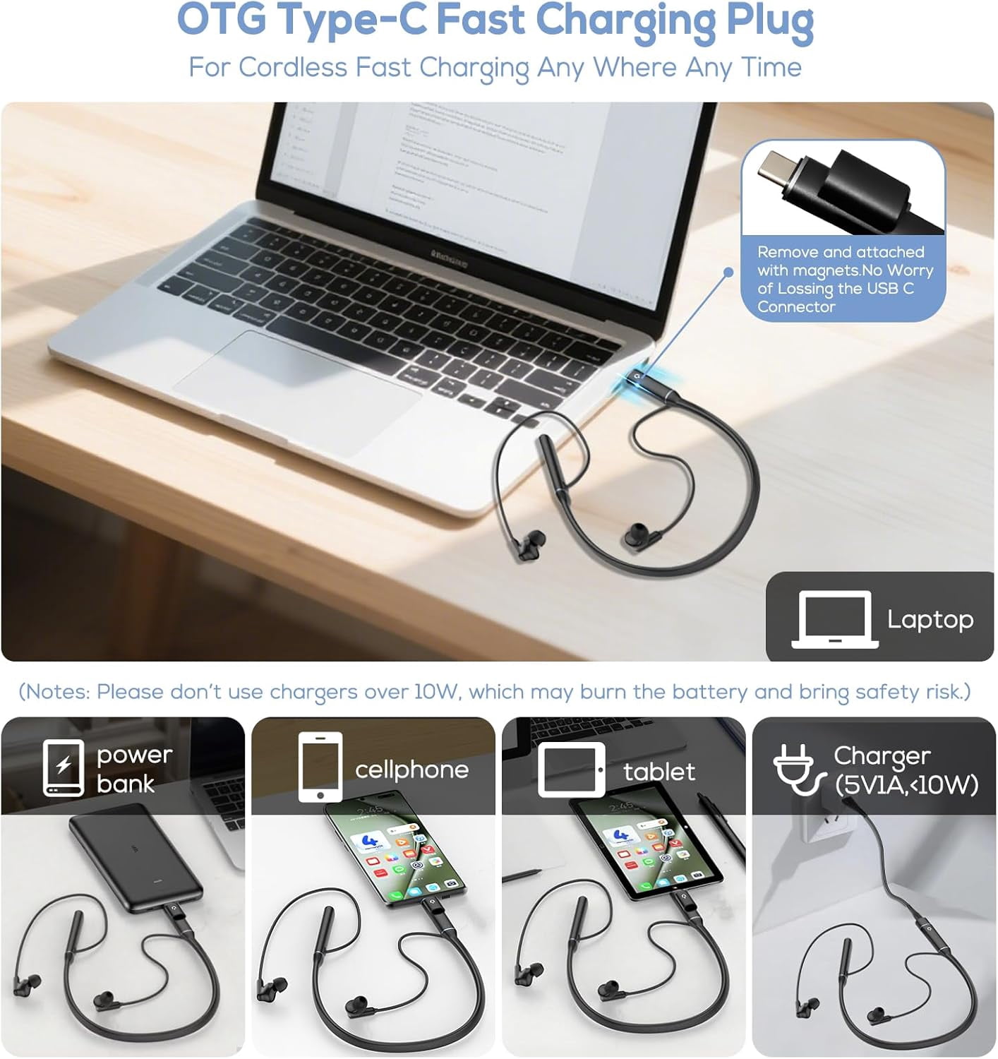 Hmusic Magnetic Neckband Earphones, 35H Type-C Plug & Charge, HD Stereo Sound w/ 3 EQ Modes, All-Day Comfort Wireless Sports Earbuds - Plating Grey