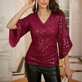 thumbnail image 4 of Harpily Shirts for Women Womens Sequin Tops 3/4 Sleeve Glitter Sparkly Blouse V Neck Tops For Evening, 4 of 5