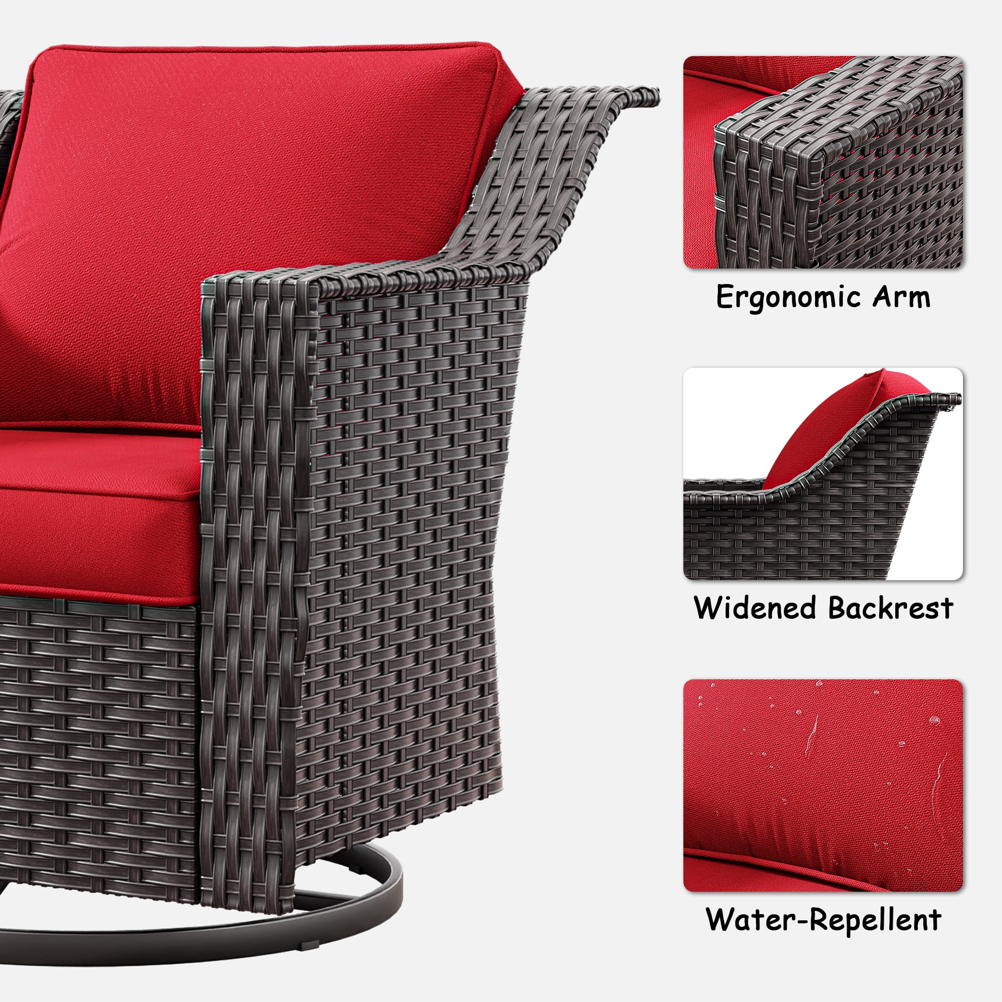 MeetLeisure Patio 2 Pieces Wicker Swivel Chairs Set, Outdoor PE Rattan Rocking Glider Armchairs with Water-Resistant Cushions & Washable Covers for Porch Balcony Sunroom, Red