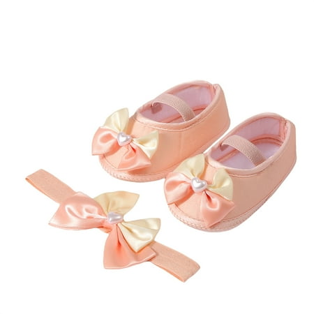 Loliuicca Baby Girls Baptism Shoes and Headband Heart Pearl Flats Hairband Set