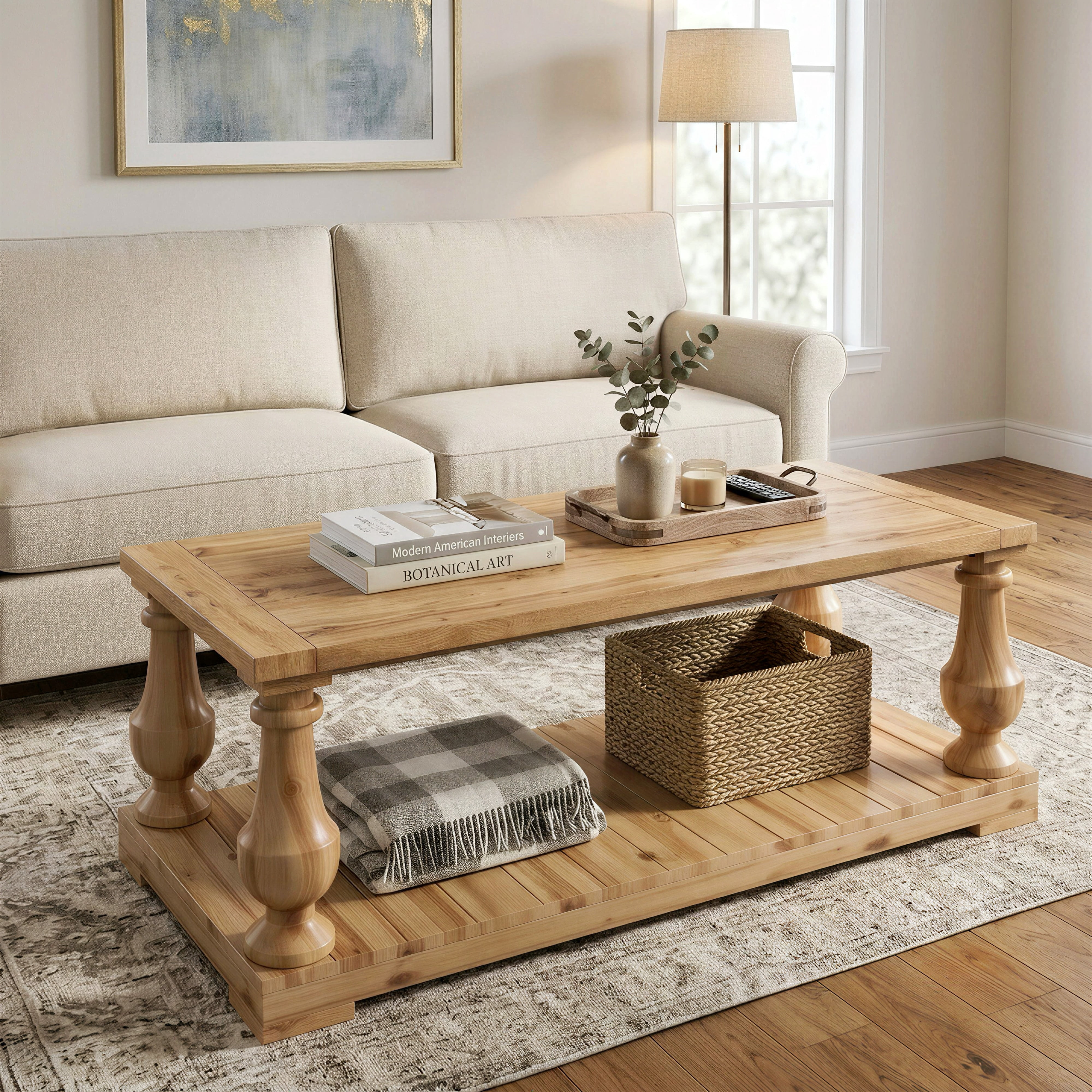 Farmhouse Coffee Table with Storage Shelf, Solid Wood Turned Legs, 2-Tier Rustic Wood Center Table for Living Room, Natural