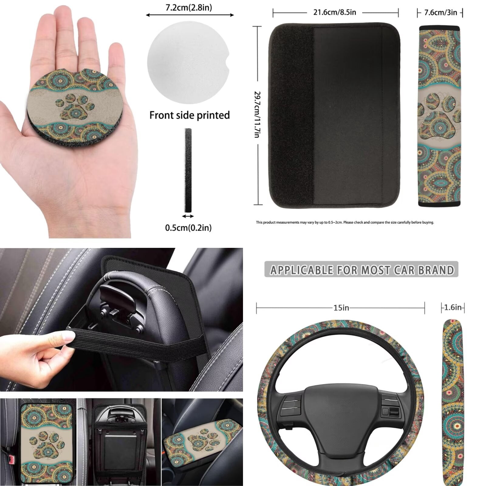 LedBack Paw Print Car Seat Covers Full Set for Women Men, Boho Mandala Flower Car Front/Rear Seat Cover Easy Install Steering Wheel Cover Armrest Pads Seat Belt Cover Coaster