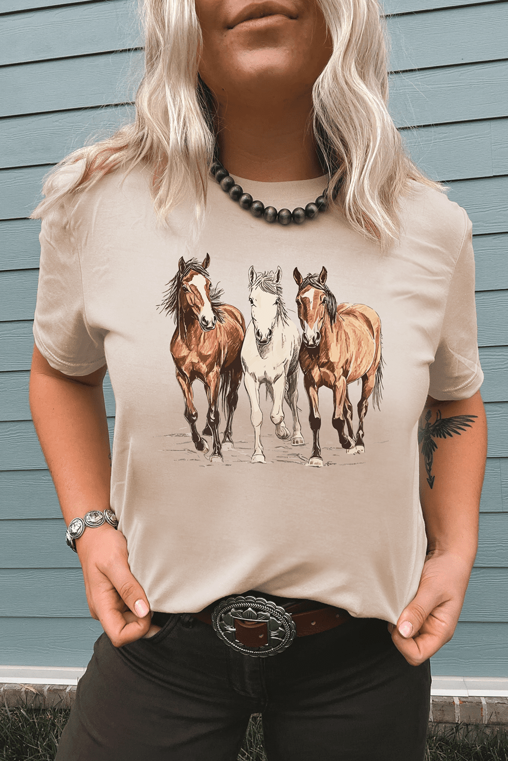 Women's Khaki Gallant Horses Printed Casual T-Shirt - Equestrian Style - [ZhiHiMeRi] | (US 20-22)2XL