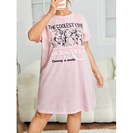 

Baby Pink Cute Women s Plus Figure Slogan Graphic Sleep Dress 0XL(12) Y22001D