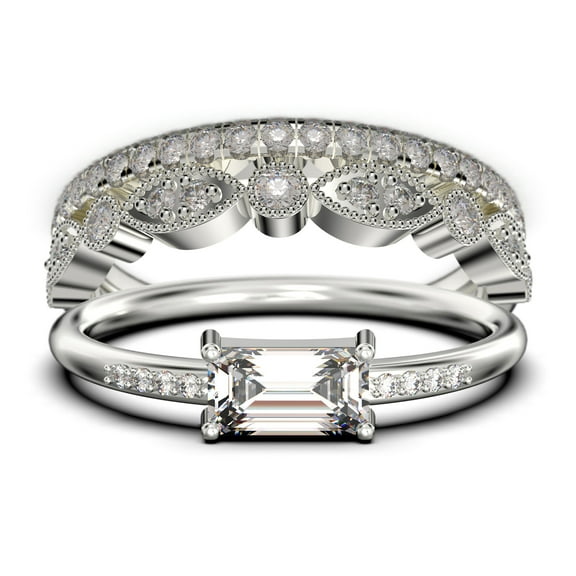 Beautiful Minimalist 1.95 Carat Emerald Cut Diamond Moissanite Engagement Ring, Wedding Ring, Two Matching Band In Silver With 18K White Gold Plating, Gift For Her, Anniversary Ring