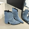 thumbnail image 4 of Slouchy Fold Over Denim Fall Boots for Women Wide Calf Chunky Heel Pointed Toe Pull on Ankle Booties, 4 of 7