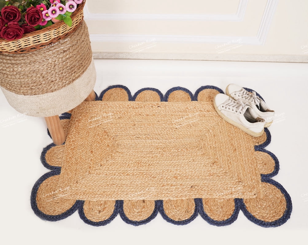 Rectangle Rug Natural Jute Rug Hand Braided Beige and Light Nevy Blue Color Area Rug