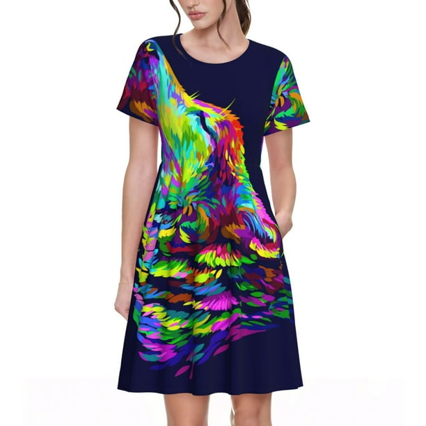 Disketp Howling Wolf para Vestido de Manga Corta para Mujeres, Vestidos de Verano para Mujeres, Casual y Holgado para la Playa