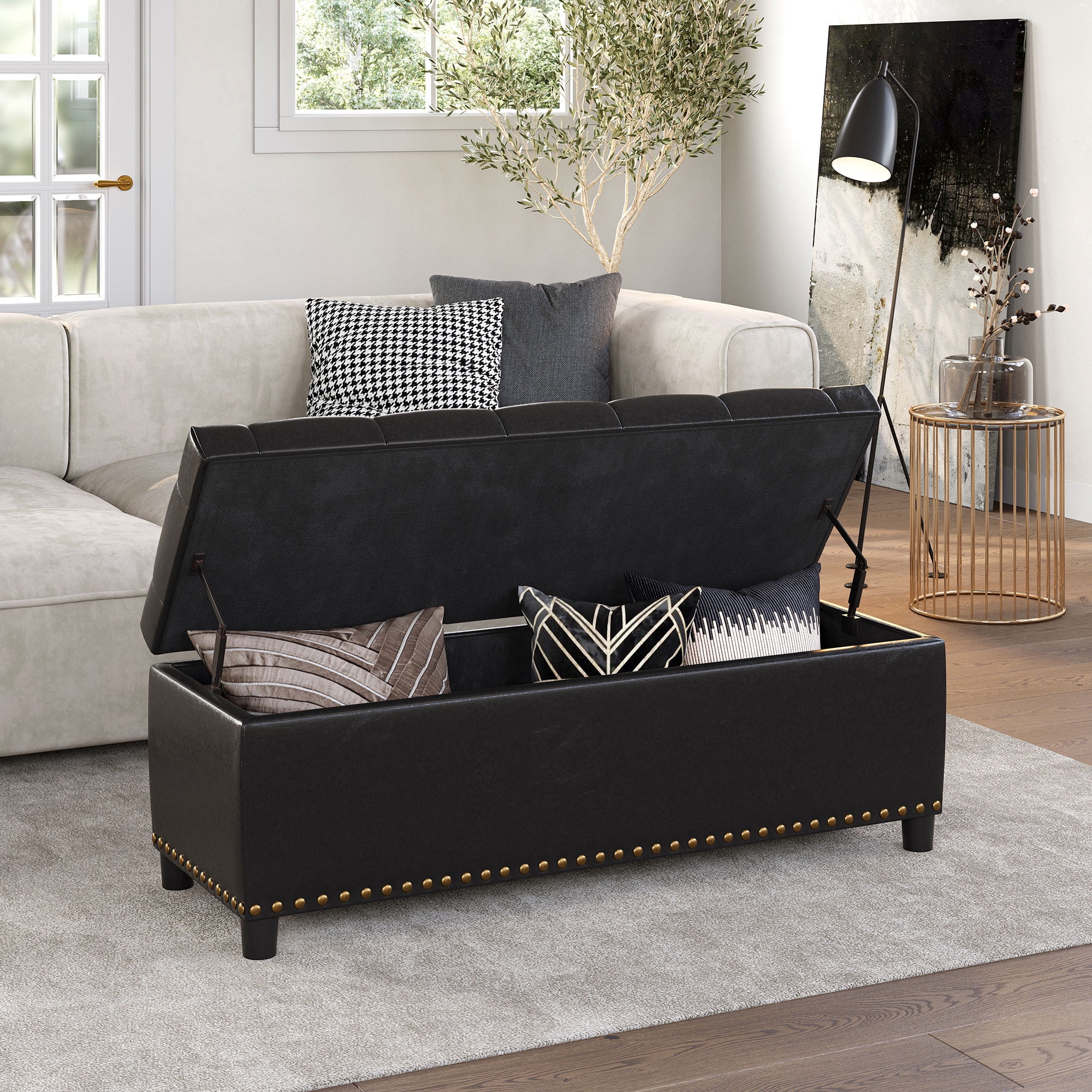 BELLEZE Button Tufted Storage Ottoman Bench Brentwood Gray