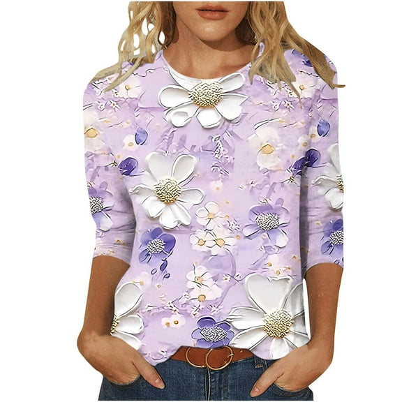 CYMMPU Blouses for Women Dressy Casual Round Neck Spring Tops Loose Fit Flower Pattern Tunic Tops 3/4 Sleeve Fall Fashion Shirts Lightweight Basic T-Shirts Multicolor XXXXXL