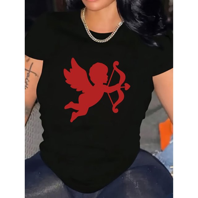 T-Shirt Imprimé Cupidon de la Saint-Valentin pour Femmes - Coton Confortable, Manches Courtes, Col Rond, pour Adultes, Hommes, Femmes, Adolescents