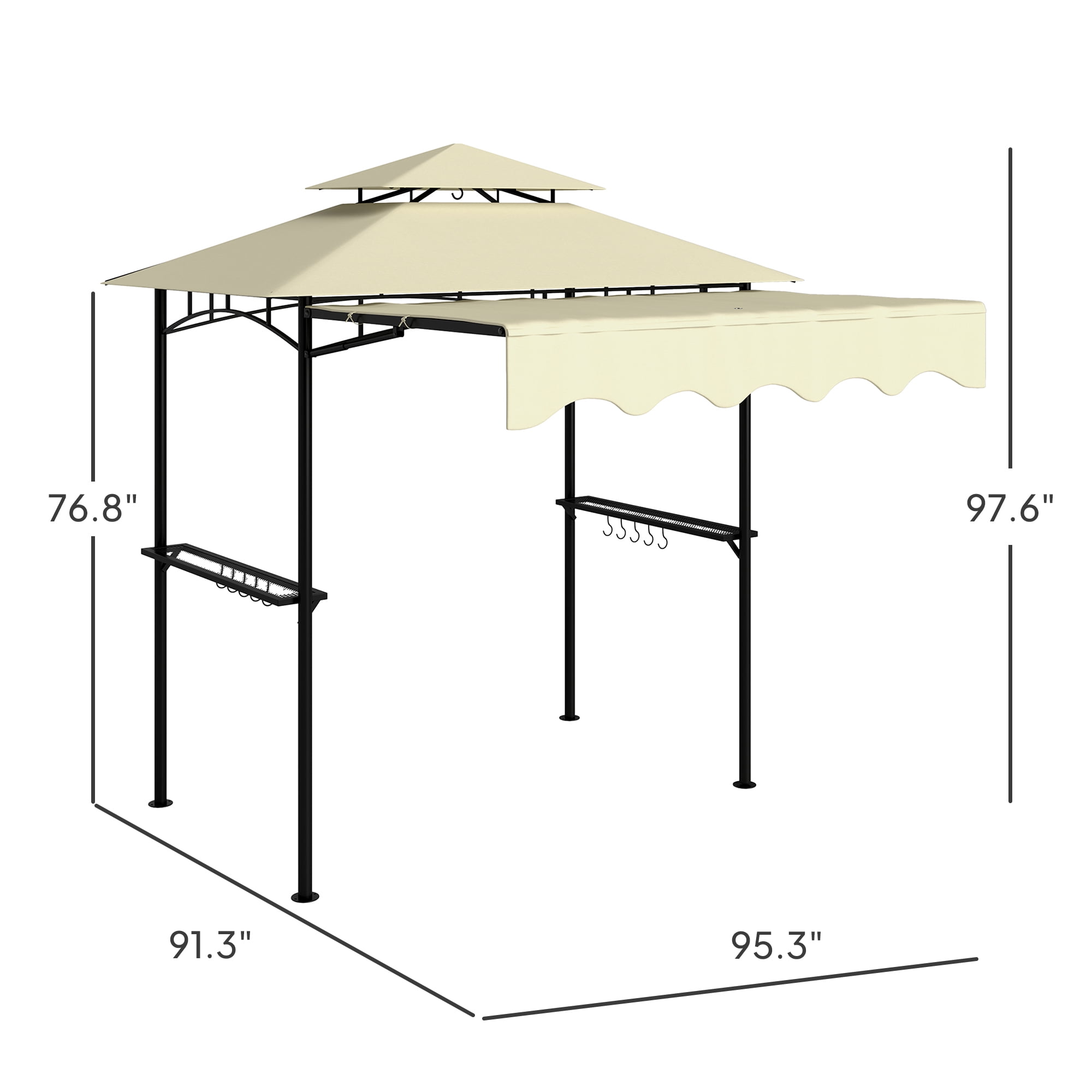 Outsunny 8' x 7.6' Grill Gazebo, Double Tiered Outdoor BBQ Gazebo with Side Awning, 2 Side Shelves and 6 Hooks for Patio, Deck, Yard, Beige