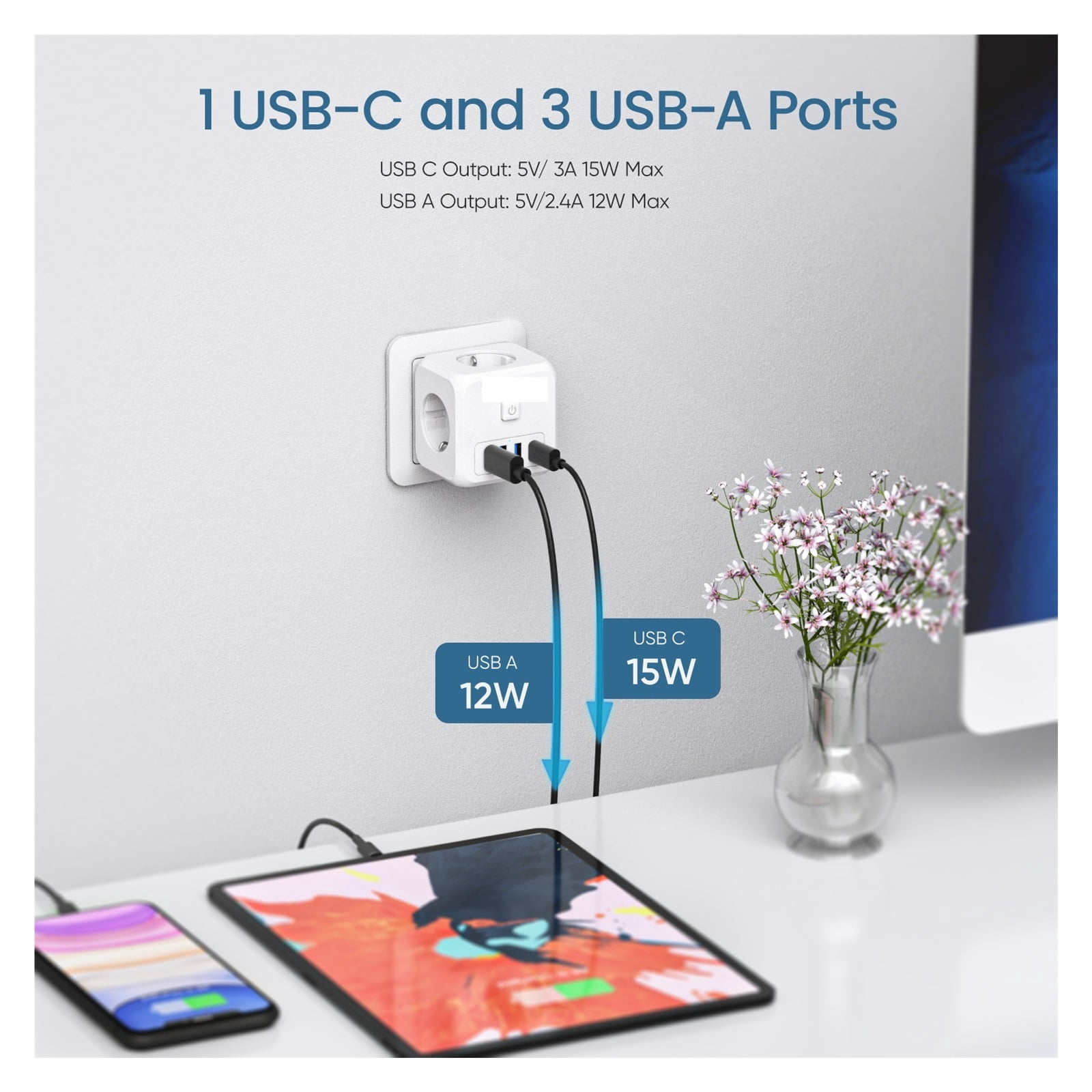 Power Strip With 3 AC Outlets +3 USB Charging Ports+ 1 Type C 5V 2.4A Adapter 7-in-1 Socket On/Off Switch