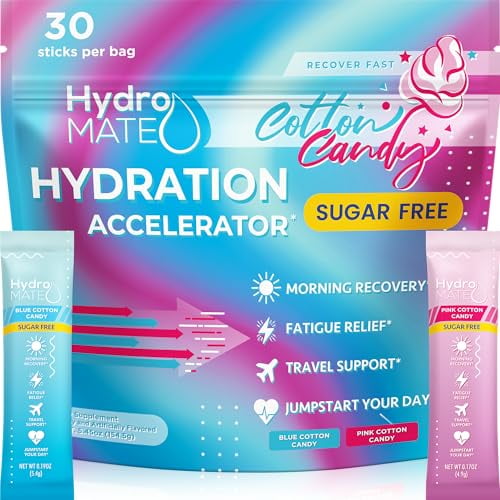 HydroMATE Electrolitos en polvo sin azúcar, algodón de azúcar, 30 paquetes de hidratación instantánea con vitamina C para aumentar la energía, electrolitos sin azúcar para apoyar la hidratación en la
