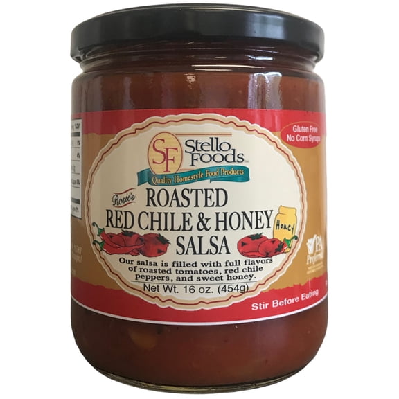 Stello Foods - Rosie's Roasted Red Chile & Honey Salsa 16 oz, Gluten Free, No Corn Syrups, Low Calorie, No Added Sugars, Fat Free, Cholesterol Free, Low Sodium, Vegan, Vegetarian