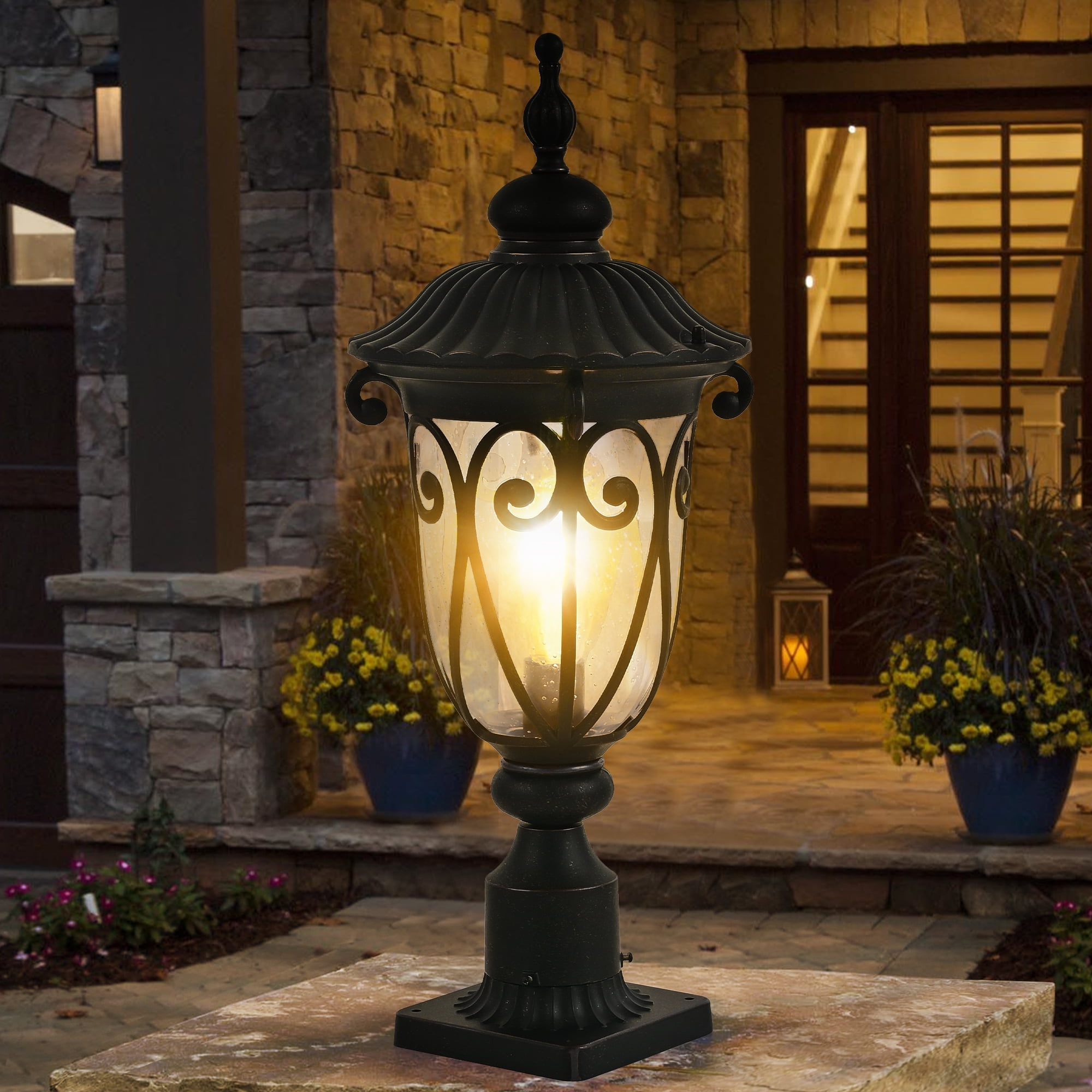 Outdoor Post Light with 2-in-1 Mount, 24-Inch Antique Bronze Exterior Pillar Lantern for Yard and Garden, Waterproof Vintage Post Lamp with Seeded Glass for Patio and Driveway, E26 Base
