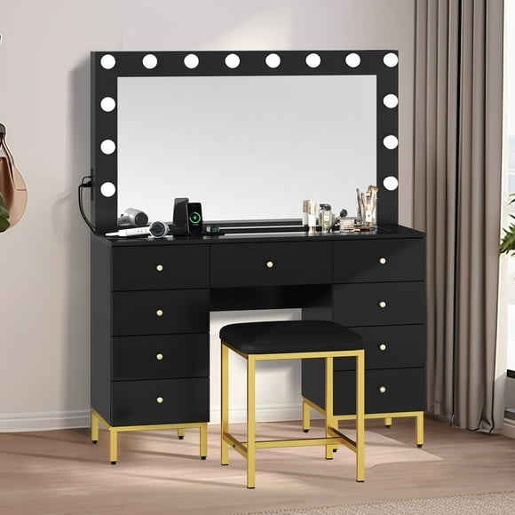 Vanity Table Set with 3 Color Lighted Mirror & Charging Station & Stool, Modern Makeup Vanity Dressing Table with 9 Drawers for Bedroom, Gold and Black Vanity Desk for Women Girls