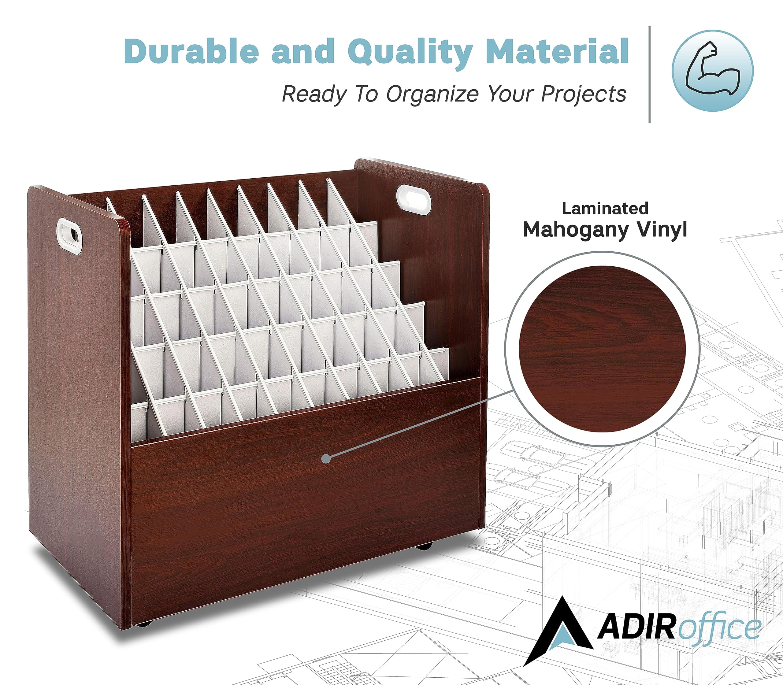 AdirOffice Blue Print Storage Organizer- Mobile Roll File Cart, Construction Plan Holders, Blueprint Cabinet with Wheels (50 Slots, Mahogany)