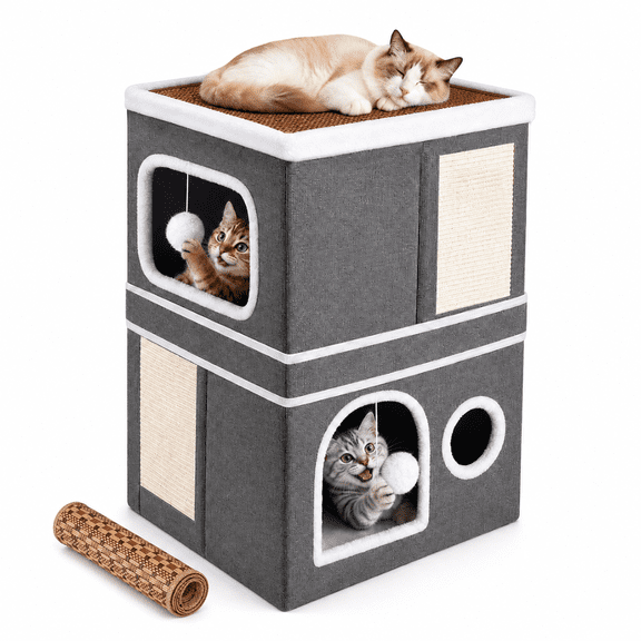 2-Story Cat House for Indoor Cats, YUWENUS Foldable Double Cat Bed with Scratching Pads, Cooling Mat and Cushion, Dark Grey