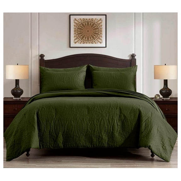 Liam Cypress Green Queen Size Comforter Set - 7 Pieces Coin Pattern Bed in a Bag with Comforter, Bed Sheets, Pillowcases, & Shams Bedding Set